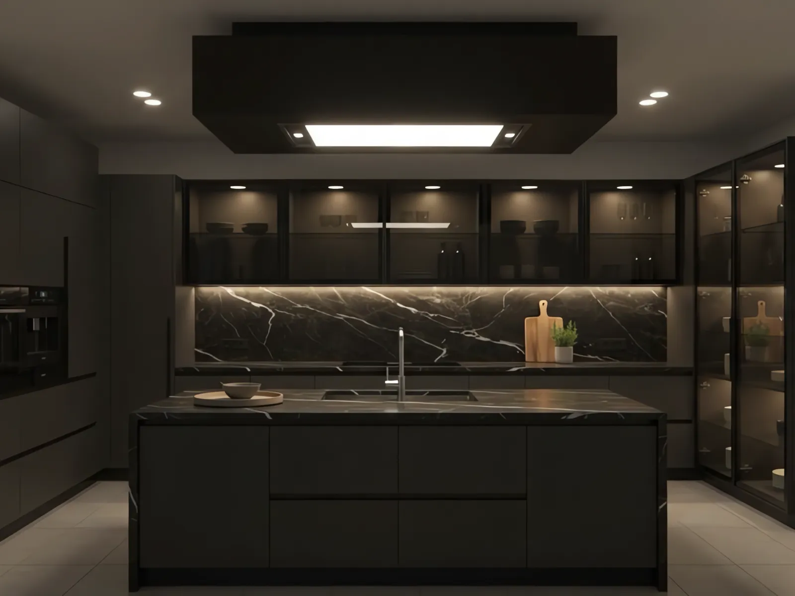 Cucina con isola centrale, ante scure e piano in marmo nero