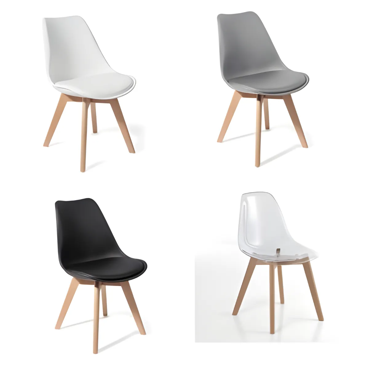 Sedia Kiki nelle finiture bianco, grigio, nero e trasparente con gambe in rovere